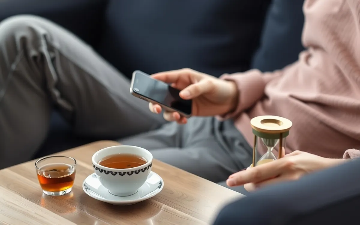 Pausa dal gioco con lo smartphone capovolto e una clessidra sul tavolino